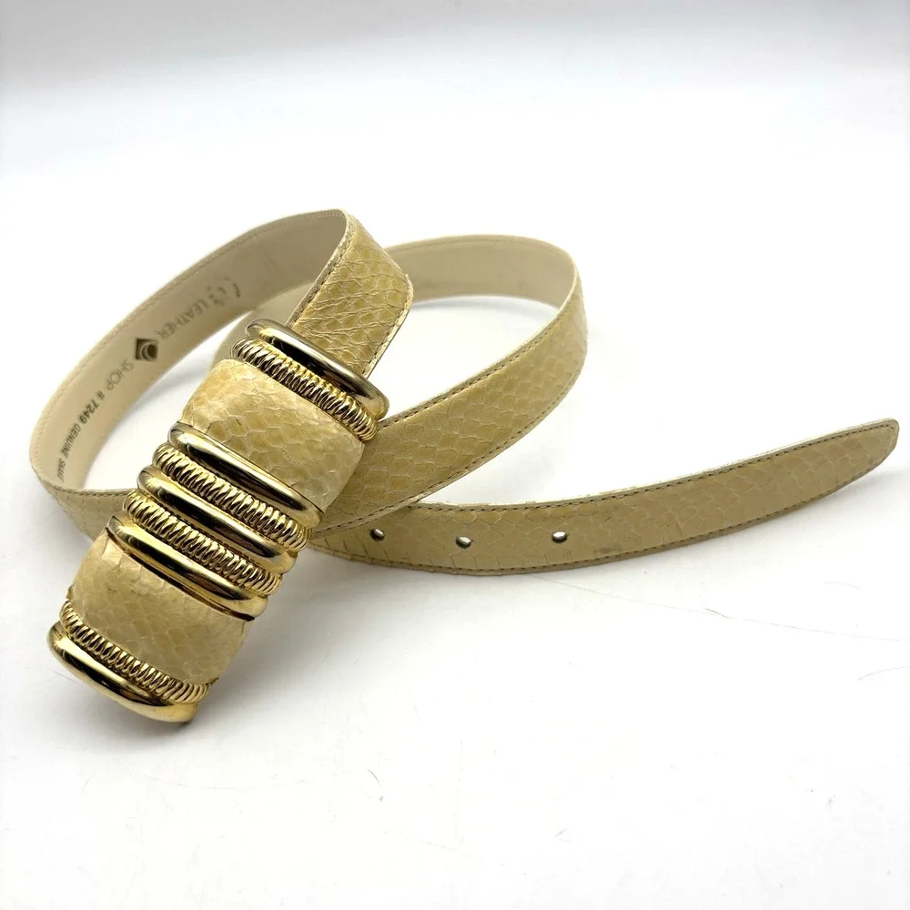 Vintage 80s Leather Shop Cream Genuine Snakeskin Leather Gold Buckle Belt L 34